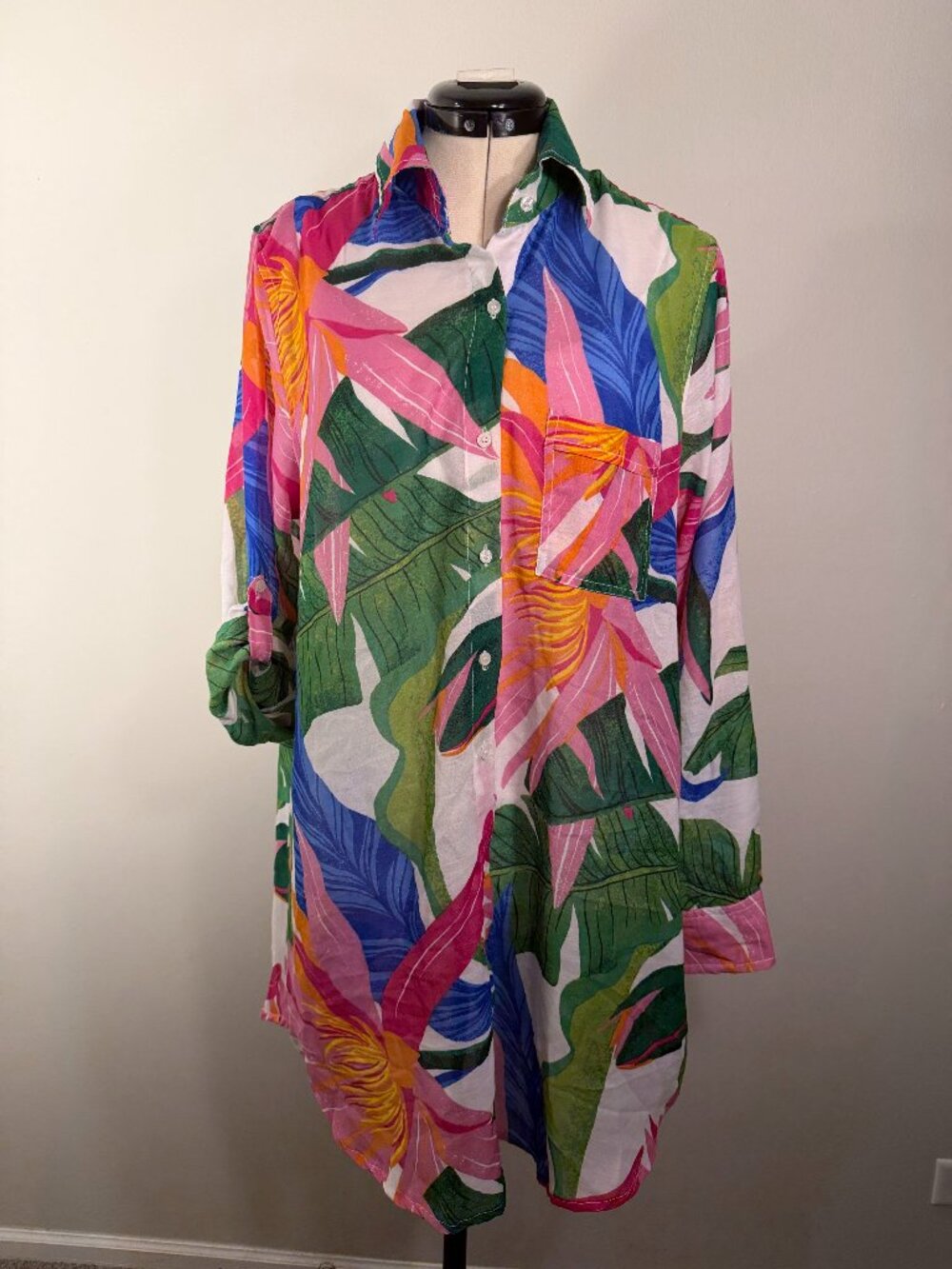 women`s long-sleeved big floral shirt VioletSky elongated style size M